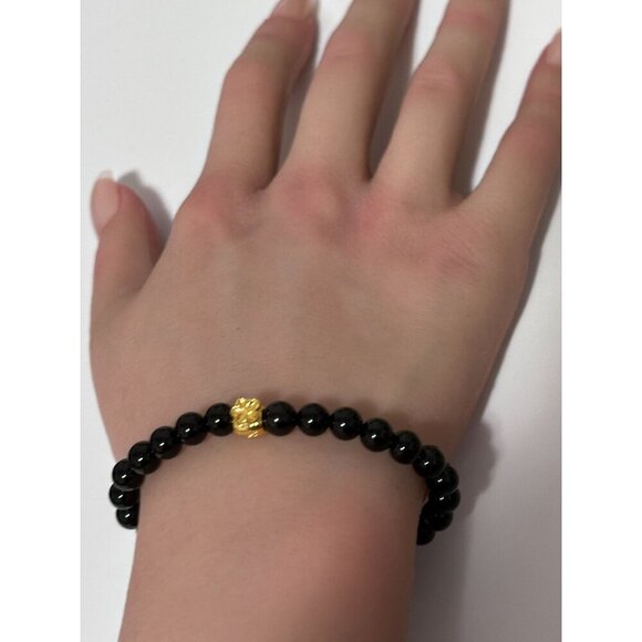 18K Gold Money Bag Onyx Gemstones 6mm Lucky Charm Elastic Bracelet Size 6" - Picture 5 of 5